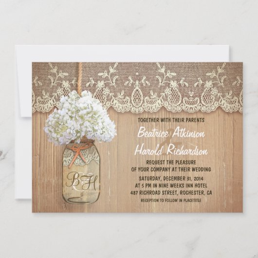 Invitation rustique pays mason jarre blanc hydrangea mariage (Devant)