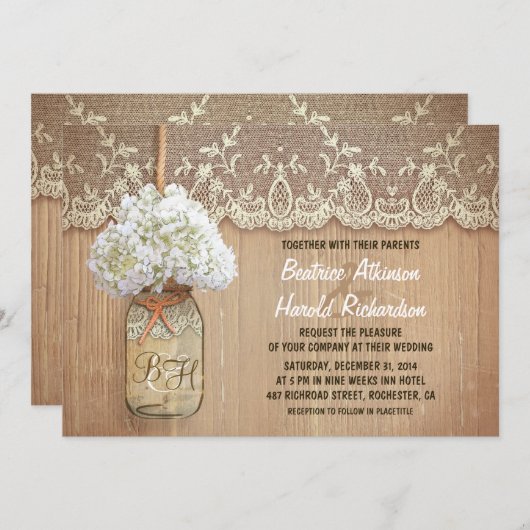 Invitation rustique pays mason jarre blanc hydrangea mariage (Devant / Derrière)