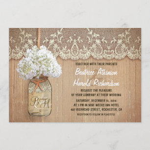 Invitation rustique pays mason jarre blanc hydrangea mariage