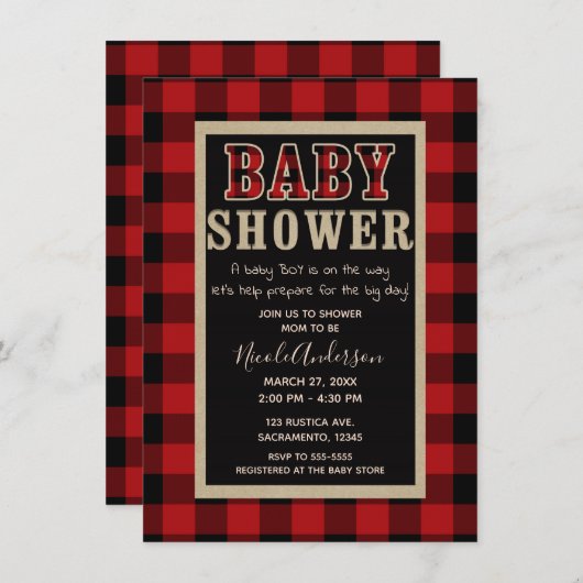 Invitation Rustique Pays Rouge noir Buffle Plaid Baby shower (Devant / Derrière)