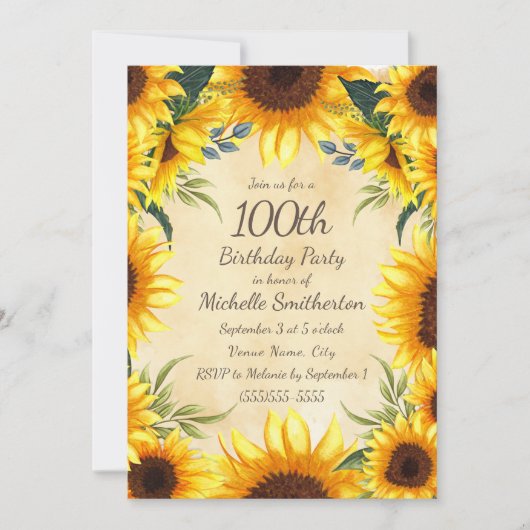 Invitation Rustique Pays Sunflowers Jaune 100e anniversaire e (Devant)