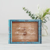 Invitation Rustique Pays Turquoise Cadre Bois Mariage Invitat (Debout devant)