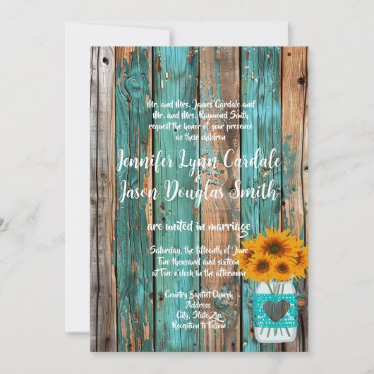 Invitation rustique Pays Turquoise Grange Bois Tournesol Maso (Devant)