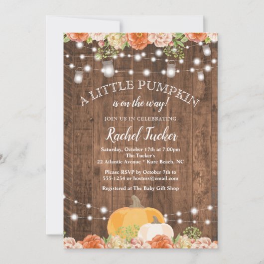 Invitation Rustique Petit Citrouille Mason Jar Baby shower (Devant)