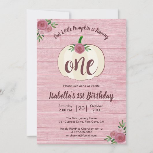 Invitation Rustique Petite fille Citrouille rose 1er annivers (Devant)