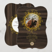 Invitation Rustique PHOTO TOUT ÉVÉNEMENT Gold Wreath Wood Mod (Devant / Derrière)