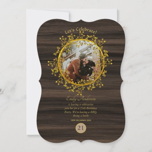 Invitation Rustique PHOTO TOUT ÉVÉNEMENT Gold Wreath Wood Mod (Devant)