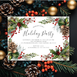 Invitation Rustique Pinecones Holly Berry Noël fête
