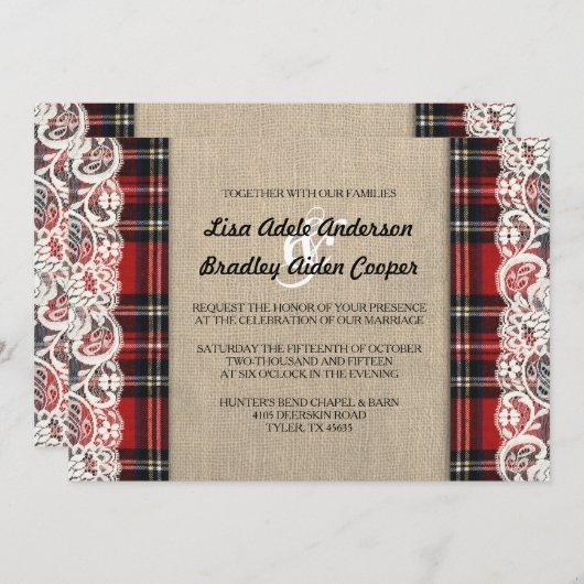Invitation Rustique Plaid Lace Mariage campagnard (Devant / Derrière)