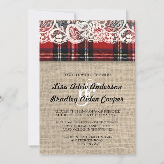 Invitation Rustique Plaid Lace Mariage campagnard (Devant)