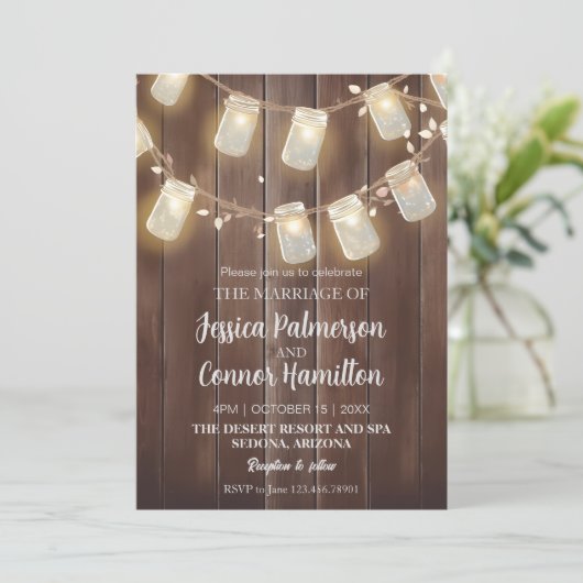 Invitation Rustique plat Mason Jar Éclairage Mariage en bois  (Debout devant)