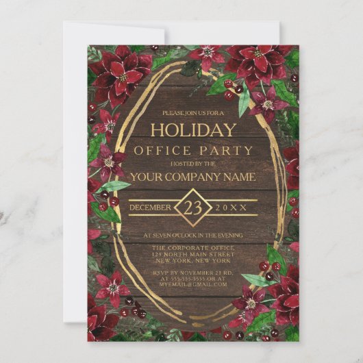 Invitation Rustique Poinsettia Floral Bois Fête Entreprise (Devant)