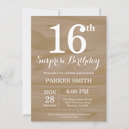 Invitation rustique pour 16 ans surprise (Devant)