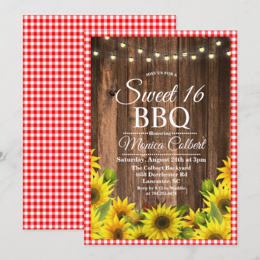 Invitation rustique pour Sweet 16 BBQ tournesol (Devant / Derrière)