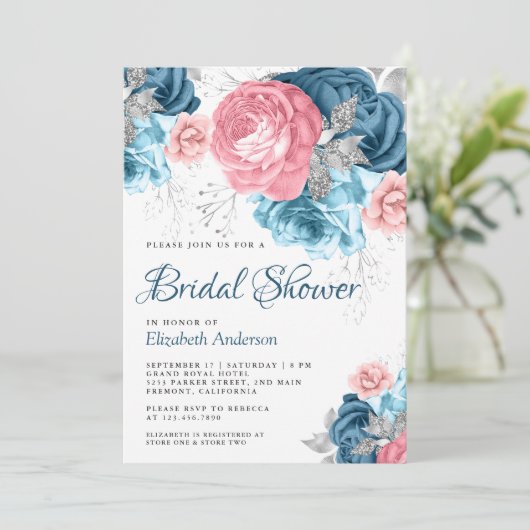 Invitation Rustique poussiéreux bleu rose floral rose mariage (Debout devant)