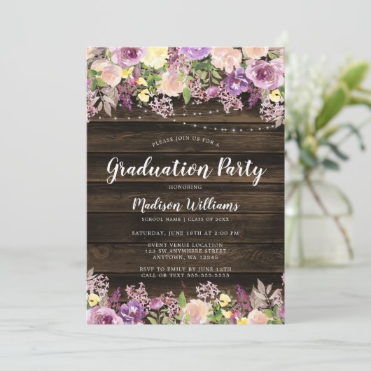 Invitation Rustique Purple Floral String Light Graduation Par (Debout devant)