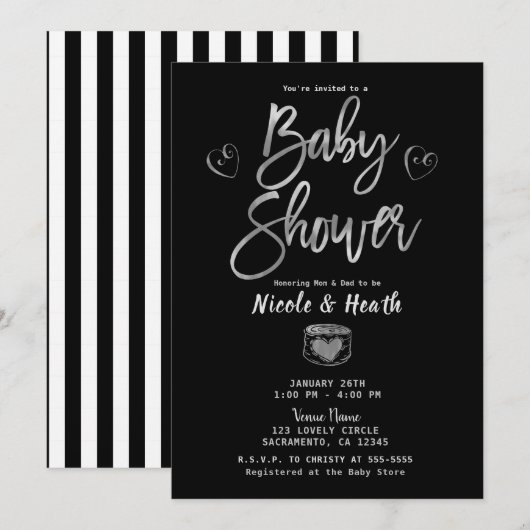 Invitation Rustique rayures noires et blanches et argentée Ba (Devant / Derrière)