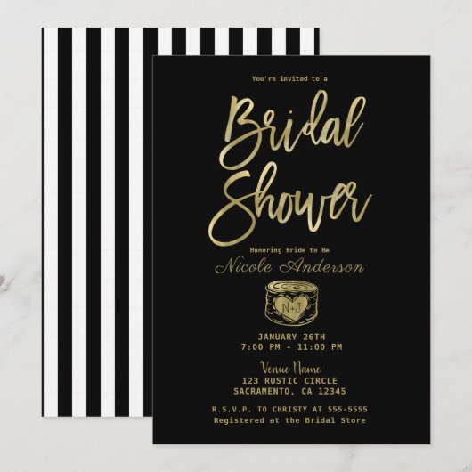 Invitation Rustique rayures noires et blanches et or Fête de (Devant / Derrière)