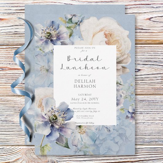 Invitation Rustique Romantique Bleu & Blanc Floral Déjeuner n