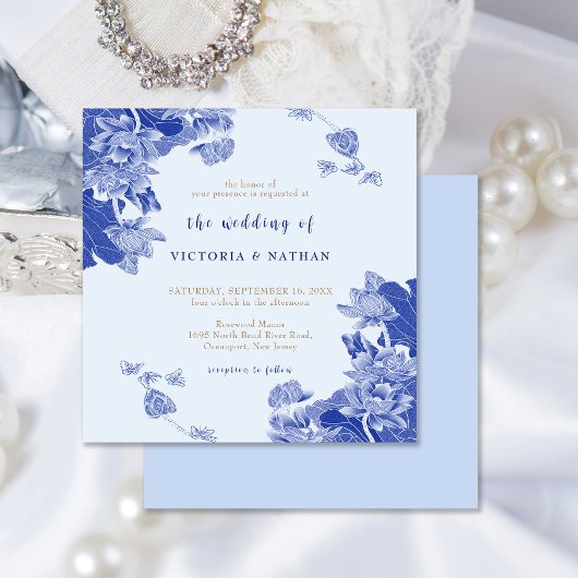 Invitation Rustique Romantique Bleu clair Carré Mariage