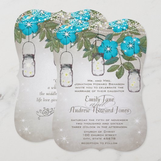 Invitation Rustique romantique Mason Jar Aqua Turquoise (Devant / Derrière)