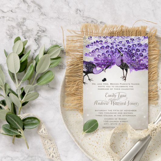 Invitation Rustique romantique Mason Jar violet Peacock