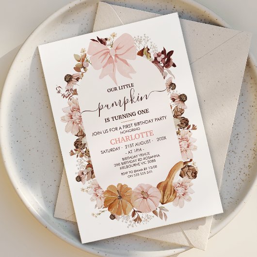 Invitation Rustique rose Automne Petit Citrouille 1er anniver
