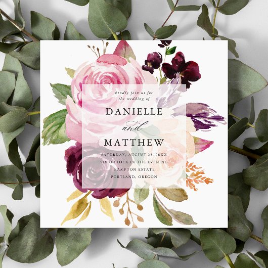 Invitation Rustique rose bordeaux et violet floral