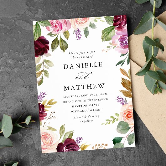 Invitation Rustique rose bordeaux et violet Mariage floral