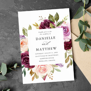Invitation Rustique rose bordeaux et violet Mariage floral