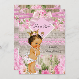 Invitation Rustique rose Burlap Fille Baby shower Brunette