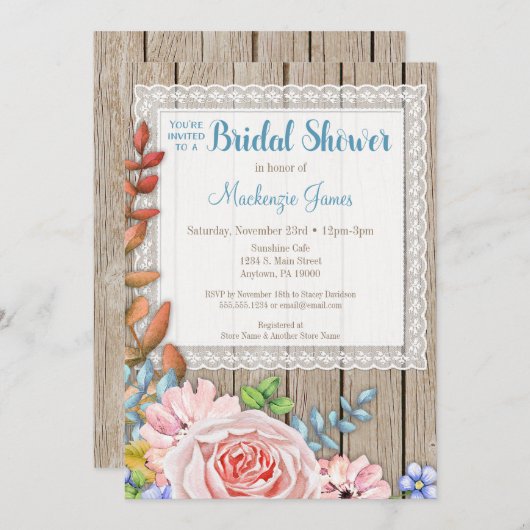 Invitation Rustique Rose dentelle nuptiale Douche  (Devant / Derrière)