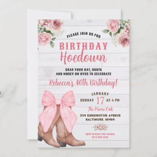 Invitation Rustique rose floral Conquette Cowgirl Boot Annive (Devant)
