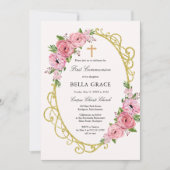 Invitation Rustique rose Floral First Holy Communion Invitati (Devant)