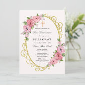 Invitation Rustique rose Floral First Holy Communion Invitati (Debout devant)