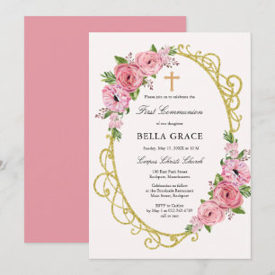 Invitation Rustique rose Floral First Holy Communion Invitati