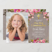 Invitation Rustique rose Floral Première Sainte Communion Pho (Devant / Derrière)