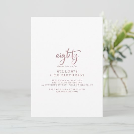 Invitation Rustique Rose Gold Script 80e fête d'anniversaire (Debout devant)