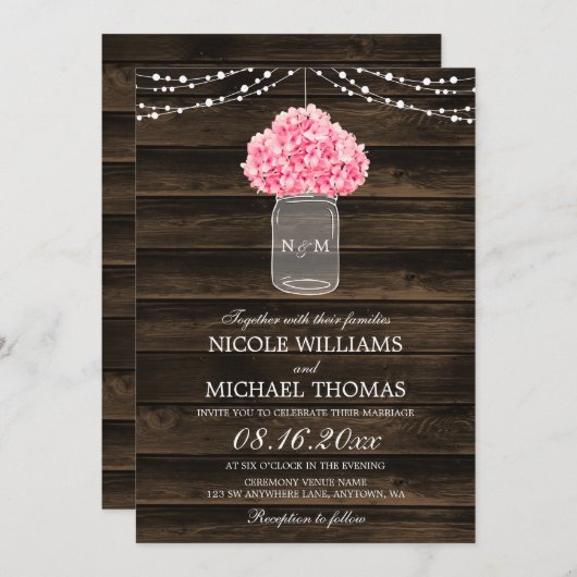 Invitation Rustique rose Hydrangea Mason Jar Mariage en bois  (Devant / Derrière)
