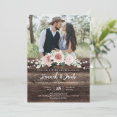 Invitation Rustique Rose rose Floral Chaîne de bois clair Mar (Debout devant)