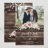 Invitation Rustique Rose rose Floral Chaîne de bois clair Mar (Devant / Derrière)