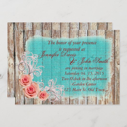 Invitation Rustique rose rose Turquoise Burlap Mariage rpr1 (Devant / Derrière)