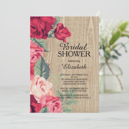 Invitation Rustique Rose Rouge Fleur nuptiale Douc (Debout devant)