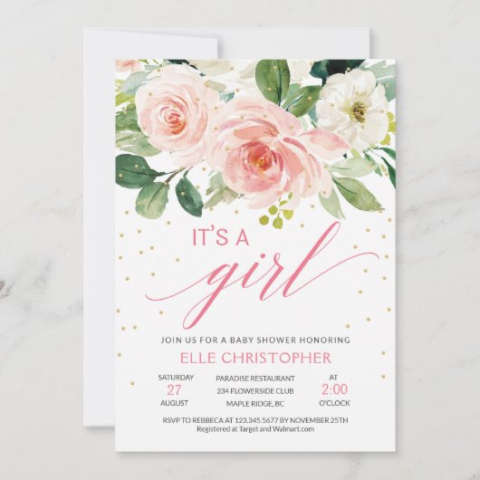 Invitation Rustique rose rousse floral c'est un baby shower f (Devant)
