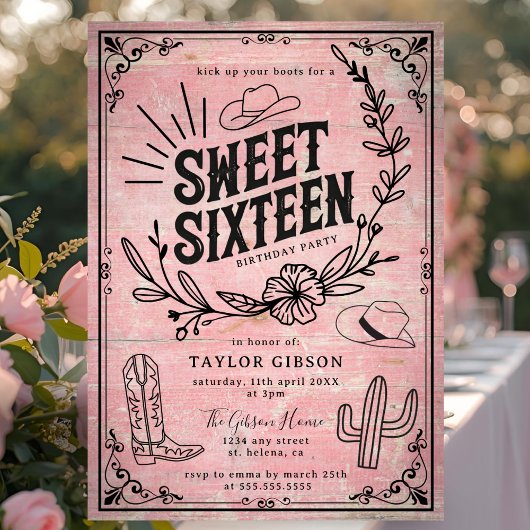 Invitation Rustique rose Sweet sixteen Floral Occidental