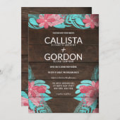Invitation Rustique rose Turquoise Floral Bois Mariage (Devant / Derrière)