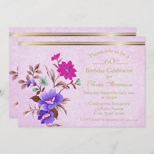 Invitation Rustique rose & violet Floral 60e fête d'anniversa (Devant / Derrière)
