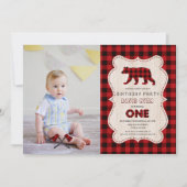 Invitation Rustique Rouge bison bûcheron photo 1er anniversai (Devant)