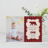 Invitation Rustique Rouge bison bûcheron photo 1er anniversai (Debout devant)