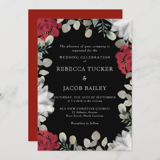 Invitation Rustique Rouge & Blanc Floral Vert Mariage noir (Devant / Derrière)